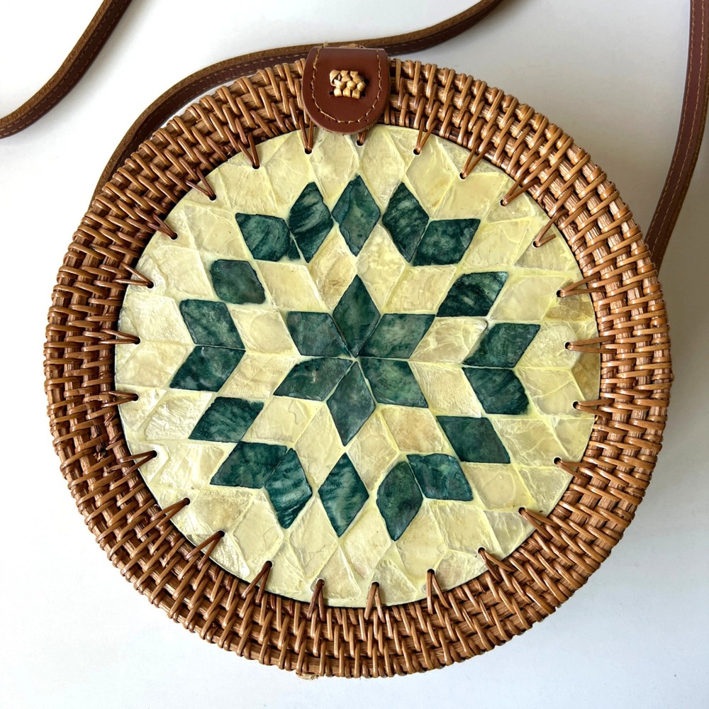 Round Rattan Crossbody Bag Capiz Shell Mosaic Boho Coastal Woven Purse - Picture 2 of 14
